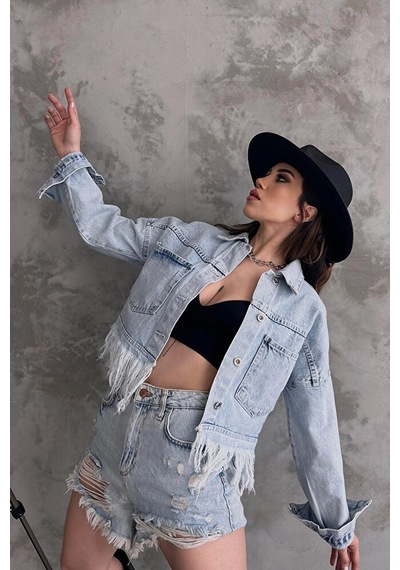 Loia Kadın Buz Mavi Saçak Detaylı Denim Ceket Çok Renkli