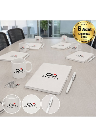 Logonuza Özel 5 Adet Beyaz Defter, Metal Kalem Ve Kupalı Kurumsal Hediye Seti