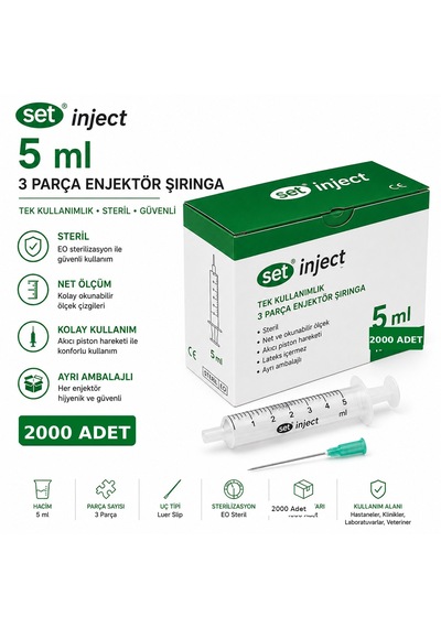 Set İnject 5 Ml 3 Parça Yeşil Uçlu Enjektör 2000 Adet