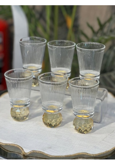 6 Lı Kristal Top Ayaklı Çizgili Kahve Yanı Su & Meşrubat & Sunum Bardağı Bal Rengi