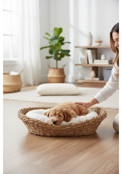 Akayev Nature Hasır Oval Kedi Ve Köpek Yatağı Minderli 53x40x14 Cm