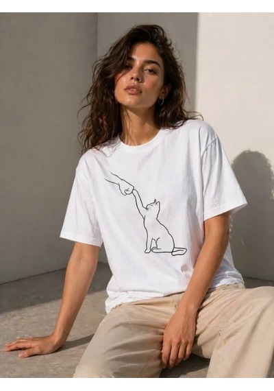 Valensdesign Minimal Kedi Çizim Baskılı Tişört Kısa Kol Yazlık T-shirt - Beyaz