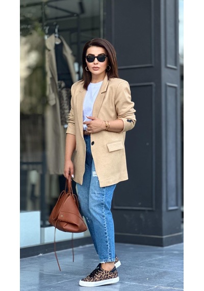 Taş Tek Düğme Yün Efekt Blazer Ceket Taş