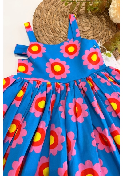 Cumino Kız Çocuk Retro Çiçek Desenli Askılı Elbise Çok Renkli