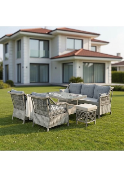 Petra Galvanizli 3+1+1+masa 80x140 +2 Puf Bahçe Balkon Mobilyası Gri
