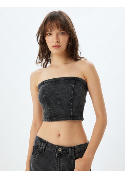 Koton Crop Straplez Büstiyer Soluk Efektli Pamuklu Slim Fit Antrasit 4sak10924ek