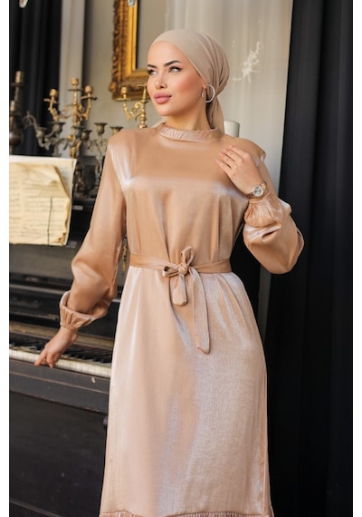 Bestenur Mirza Kemerli Elbise 810 - Vizon