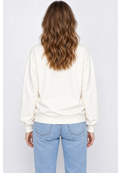 Mevese Yaldız Baskılı Zincirli Ve Fularlı Kadın Oversize Modal Sweatshirt- Beyaz