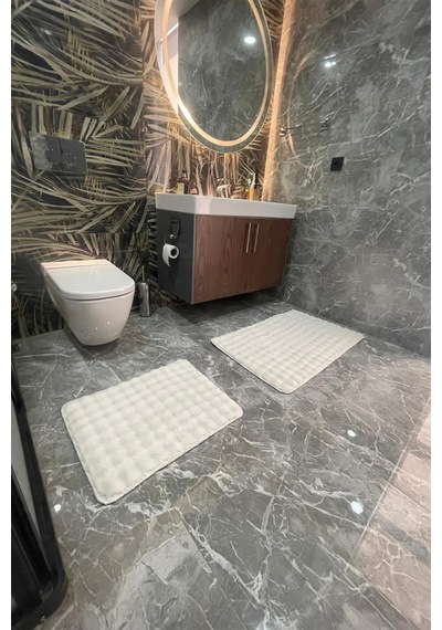 Modern Bubble Yıkanabilir Kaymaz Peluş Banyo Paspası Halısı 2'li Klozet Takımı 60x100 + 50x60 Krem