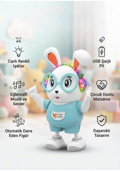 Dans Eden Sevimli Tavşan Elleri Ve Ayakları Haraketli 18 Cm Işıklı Sesli Eğitici Oyuncak Tavşan Turkuaz