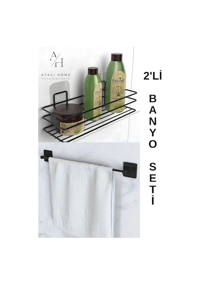 Atacı Yapışkanlı 2li Banyo Düzenleyici Banyo Aksesuarı Banyo Rafı Pratik Siyah Uzun Havluluk Siyah