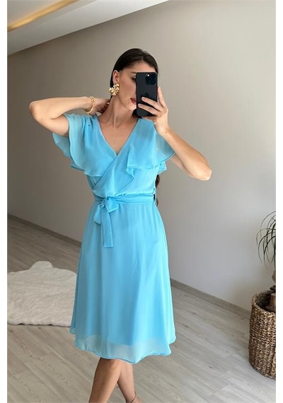 Neşeli Butik Kadın V Yaka Kuşaklı Mini Şifon Elbise Nm007 Bebe Mavisi
