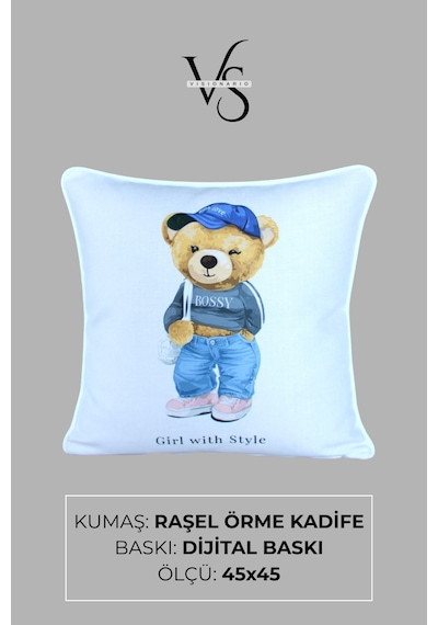 Kırlent Kılıfı Ayıcık Desenli 45x45 Raşel Örme Kadife Çift Taraflı Dijital Baskı Beyaz Biyeli - 03 Beyaz