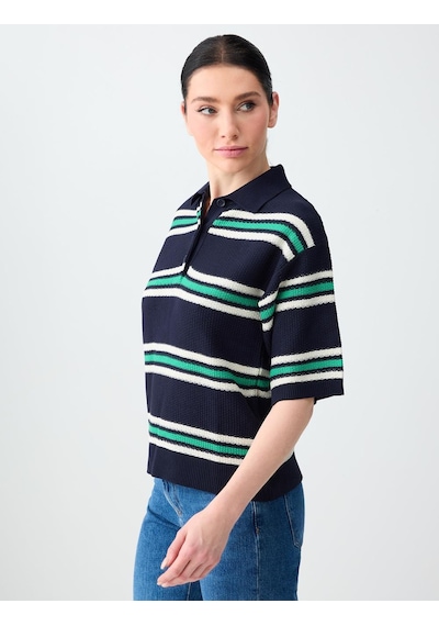 Jimmy Key Lacivert Polo Yaka Kısa Kollu Çizgili Triko Bluz 6sw035688494