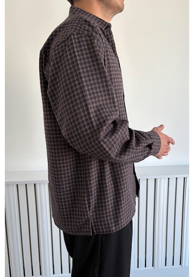 Erkek Oversize %100 Pamuk Ekose Gömlek Kahverengi
