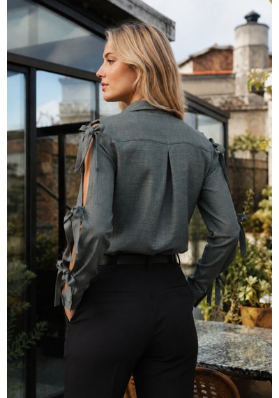 Armonika Kadın Haki Kolları Yırtmaçlı Bağcık Detaylı Gömlek Arm-26y001058