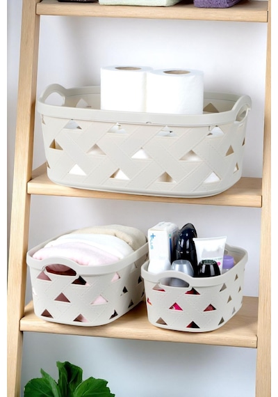 3lü Dekoratif Deri Görünüm Dolap İçi Düzenleyici Saklama Kutusu Sd5000set-4 Mutfak Banyo Organizer Sepet Krem Krem