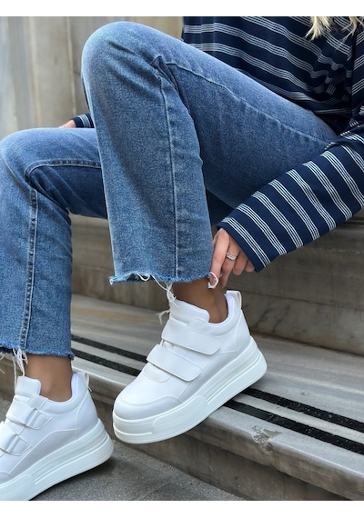 Erva'nın Butiği Beyaz Cilt Cerrely Gizli Topuk Dolgu Topuk 8 Cm Boy Uzatan Sneakers-6514