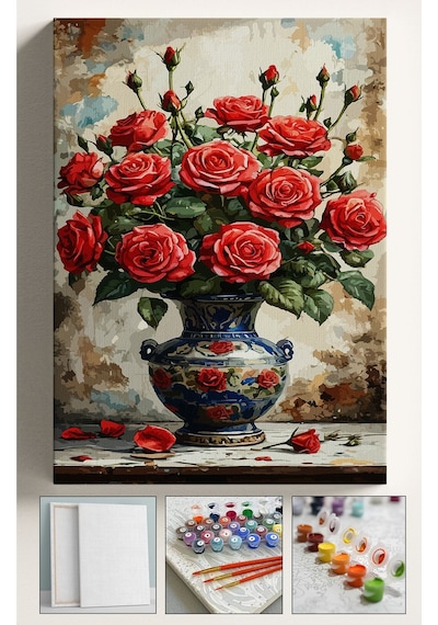 Sayılarla Boyama Çerçeveli Hobi Seti Numaralı Tuval Fırça Boya Kasnaklı 40x50 Cm Kırmızı Gül Vazo