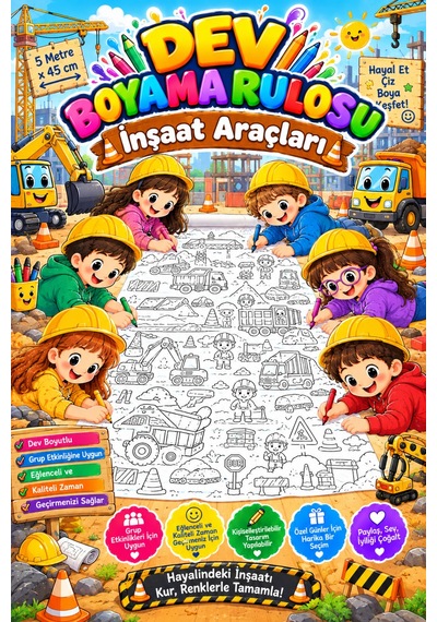İnşaat Araçları Seti Tır Vinç Kepçe Dev Boyama Kağıdı Boyama Rulosu Büyük Boy 5 Metre - 808526481