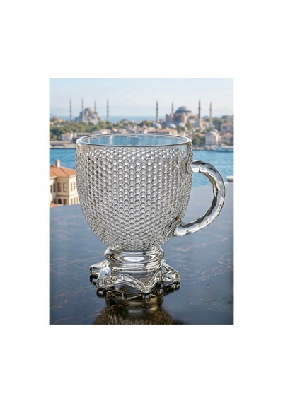 6 Lı Cam Çay Fincanı Seti 210 Ml Yıldız Ayaklı Kendinden Desenli Kulplu Çay,kahve Fincanı Takımı Şeffaf