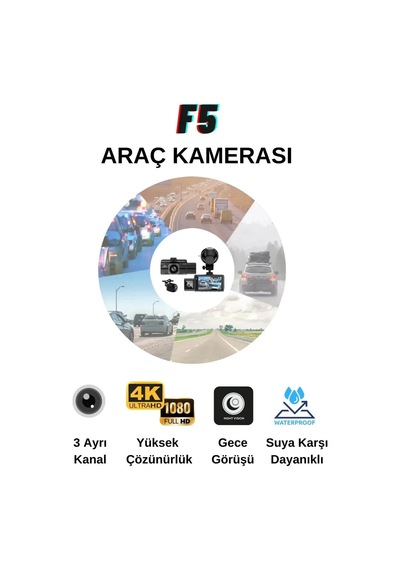 F6 4k 1080p Monitörlü Gece Görüşlü 3 Kanal Wifi/gps Li Döngü Kayıtlı Araç Iç Dış Kamera - G6t