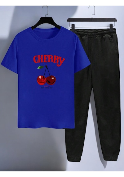 Uyguntarz Unisex Happy Cherry Tasarım Basklı Tshirt Eşofman Takımı Mavi