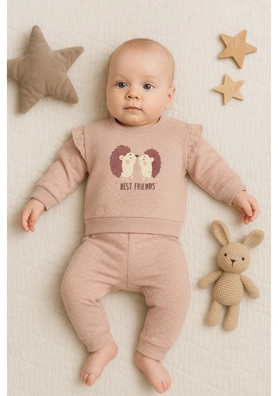 Pekminibebe Kirpi Nakışlı % 100 Pamuk 2'li Kız Bebek Takım Somon