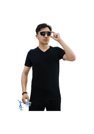 Sermoda Erkek Slim Fit V Yaka Tişört - Dar Kesim Basic Günlük T-shirt Siyah