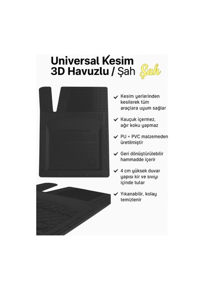 Universal Kesim 3d Havuzlu Oto Paspas Takımı 5 Parça Pu+pvc - Kokusuz Ve Yıkanabilir Siyah