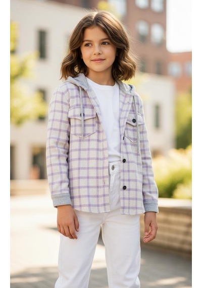 Gala Kolu Lastkli Kapüşonlu Çizgili Unisex Çocuk Gömlek Lila