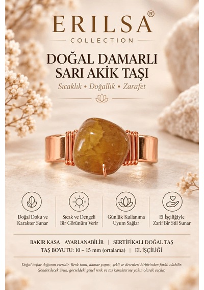 Sertifikalı Damarlı Sarı Akik Taşı Yüzük Bakır Kasa El İşçiliği A Çok renkli