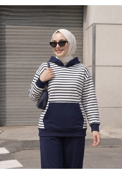 Trend Paris Kanguru Cepli Çizgili Soft Dokulu Spor Takım Lacivert 36