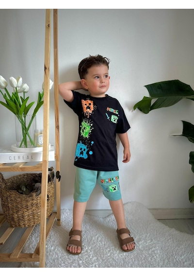 Erkek Çocuk Mınecraft Desenli Pamuk Şortlu Takım Yeşil