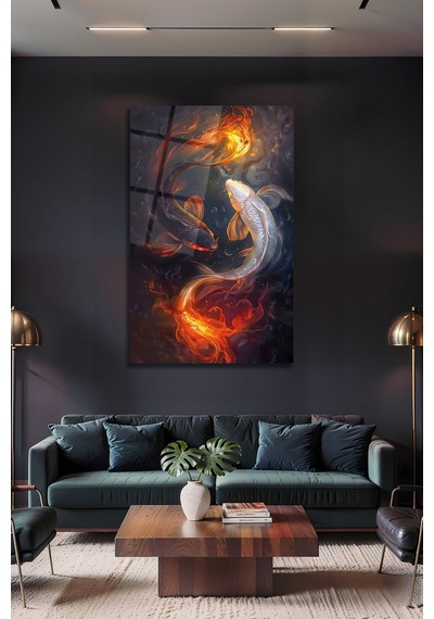 Yin Yang Koi Balığı Ateş Ve Su Mistik Dekoratif Cam Tablo Feng Shui Enerji Duvar Sanatı Modern Dekorasyon Temalı Dekoratif Duvar Tablosu, Salon, Ev Ve Ofis Dekoru,