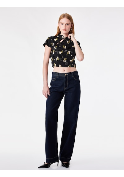 Koton Süslü Düğmeli Kısa Kollu Çiçek Desenli Dik Qipao Yaka Crop Bluz Siyah Desenli 7wak30017ew Koton Süslü Düğmeli Kısa Kollu Çiçek Desenli Dik Qipao Yaka Crop Bluz Siyah Desenli 7wak30017ew