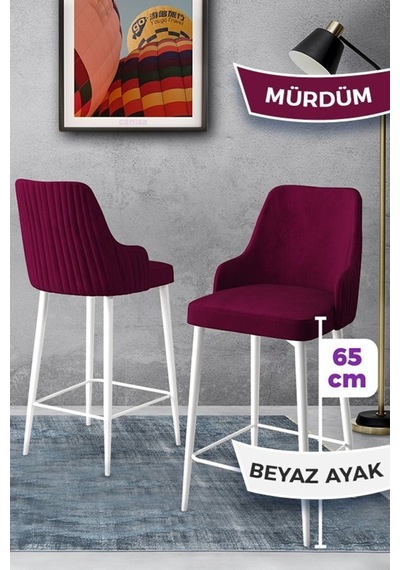 Canisa Tera Serisi 2 Mürdüm Sandalye 65 Cm Ada Mutfak Bar Sandalyesi Babyface Kumaş Beyaz Metal Ayaklı Sandalyeler Mürdüm Ayaklar Beyaz