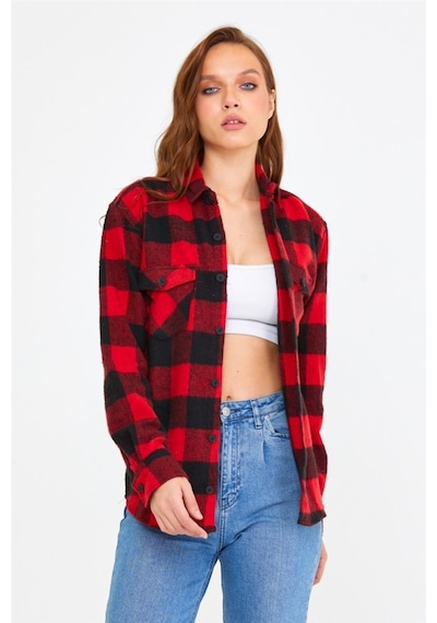 Tarz Cool Kadın Kırmızı Slim Fit Cepli Ekoseli Oduncu Gömlek-kkkodg001r07s Kırmızı