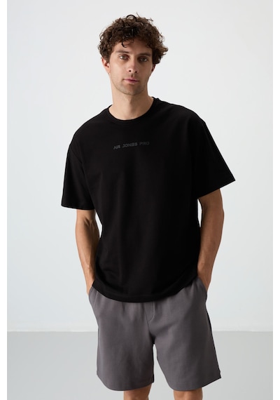 Air Jones Tommy Life Siyah Pamuklu Kalın Yüzeyi Dokulu Oversize Fit Baskılı Erkek T-shirt - 88364 Siyah