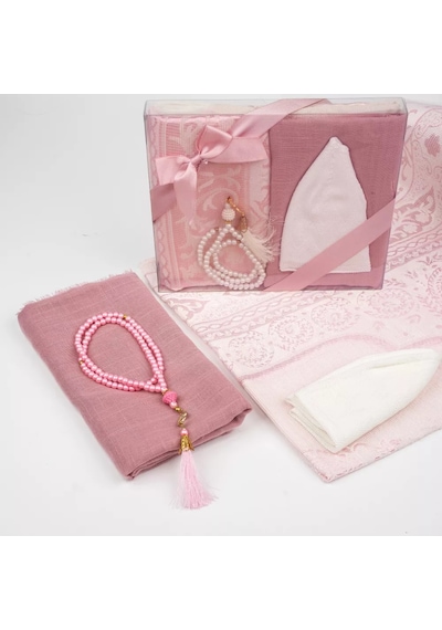 Seccade + Eşarp + Takke + Tesbih  Seti Asetat Kutulu, Pembe Pembe 65 x 110 CM