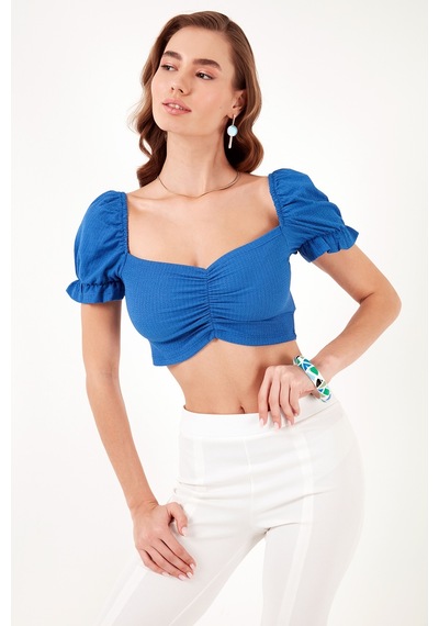 Lela Slim Fit Büzgü Detaylı Kalp Yaka Crop Bayan Bluz 5865601 Saks