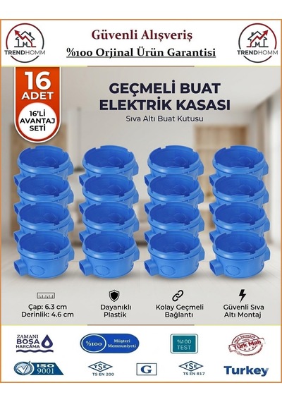 Trendhomm Geçmeli Anahtar Priz Kasası - Halojen Free Alev Yaymayan Kasa - 16 Adet