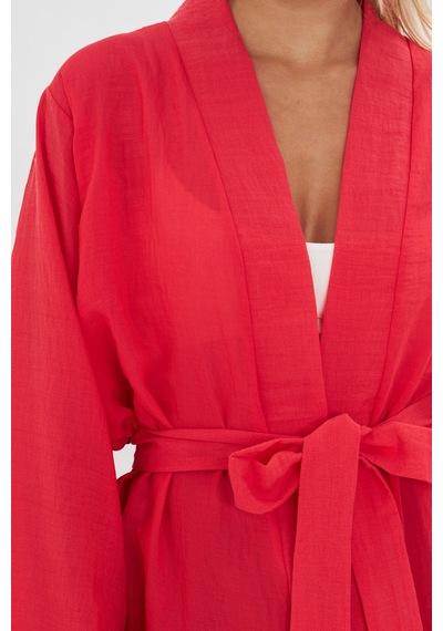 Kutaf Kırmızı Ultra Soft Arkası Desenli Kimono Kırmızı