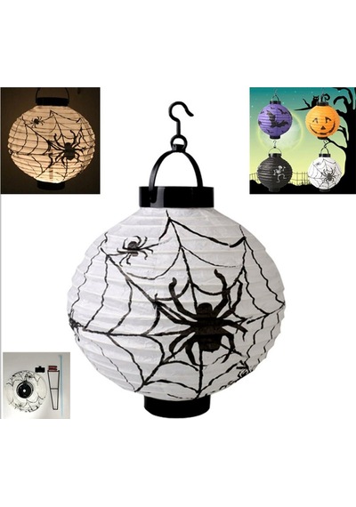 Halloween 20 Cm Led Işıklı Örümcek Desenli Beyaz Renk Kağıt Japon Feneri Tüm Yaşlar
