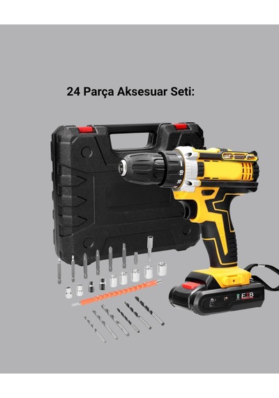Hubrendy Tekno Şarjlı Darbeli Matkap Seti 2 Bataryalı, 24w Güç, 24 Parça Aksesuar, Led Işıklı