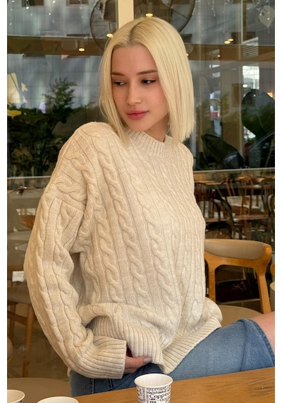 Madmext Ekru Bisiklet Yaka Örgü Desenli Kadın Triko Kazak Mg2520 Ekru