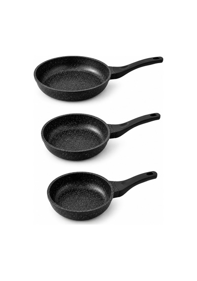 3'lü Tava Seti - Döküm Granit Yanmaz Yapışmaz Ergonomik Kulplu Premium Tava 21 - 25 - 30 Cm Siyah