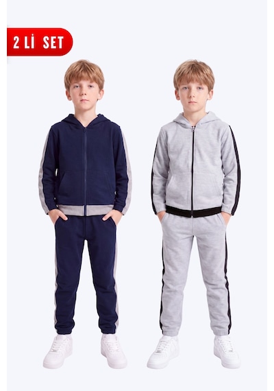 Panios Kids Erkek Çocuk 2'li Şerit Detaylı Kapüşonlu Fermuarlı Eşofman Takımı Seti Lacivert-gri