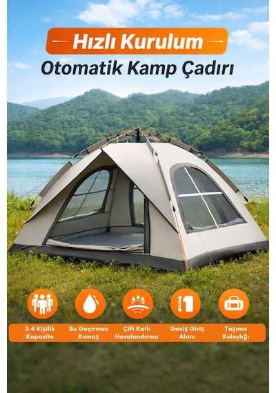 3 Kişilik Otomatik Kamp Çadırı Çift Katmanlı Su Geçirmez Hızlı Kurulum 220x200x145 Cm Gri
