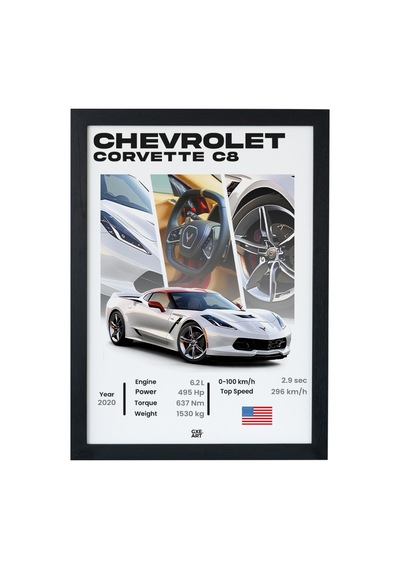 Chevrolet Corvette C8 Ahşap Çerçeveli Poster Tablo Mid-engine American Supercar Siyah